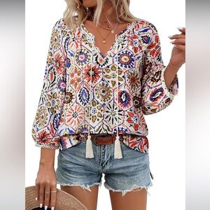 Boho Floral Print Peasant Blouse | Tassel Tie Bohemian Top